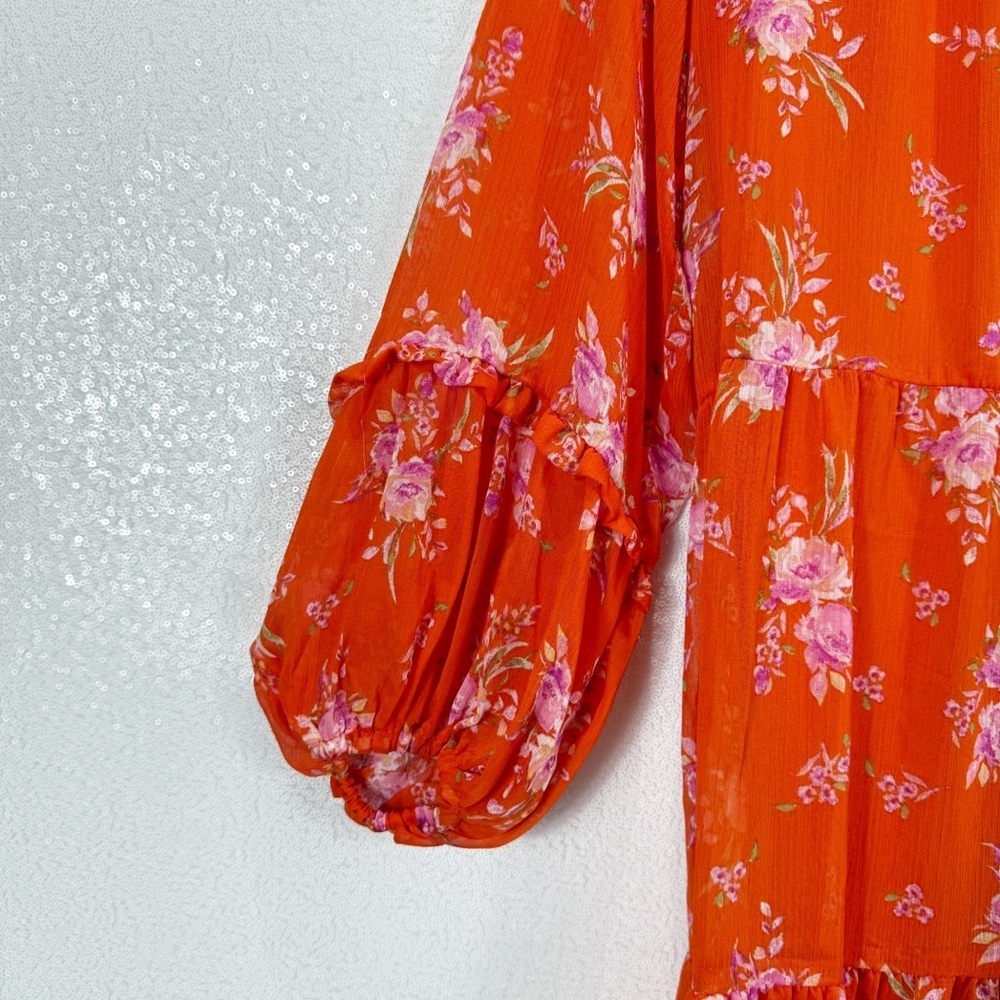Floral Orange V-Neck Feminine Long Sleeve Midi Dress Wedding Guest Large - Picture 5 of 15